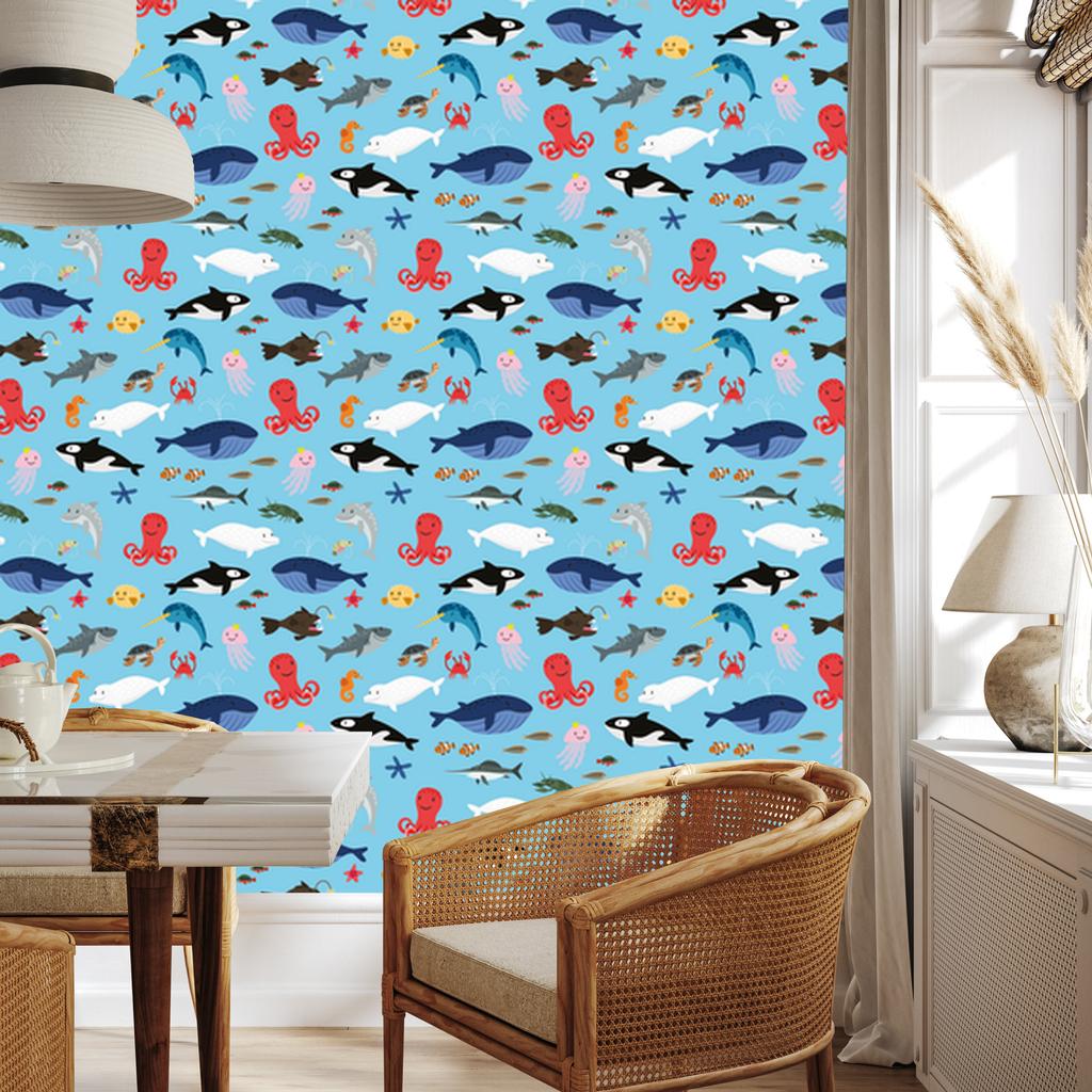 Cheerful Sea Animals Wallpaper for Living Room and Bedroom 50x1000