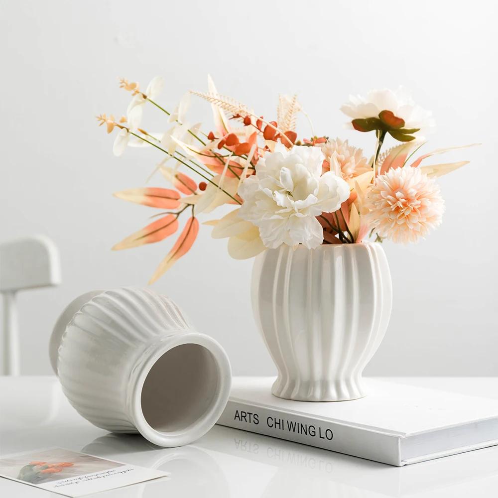 Artistic Vase Ceramic White Stripe Living Room Flower Arrangement Advanced Feeling Small Dried Flowers Home Decoration