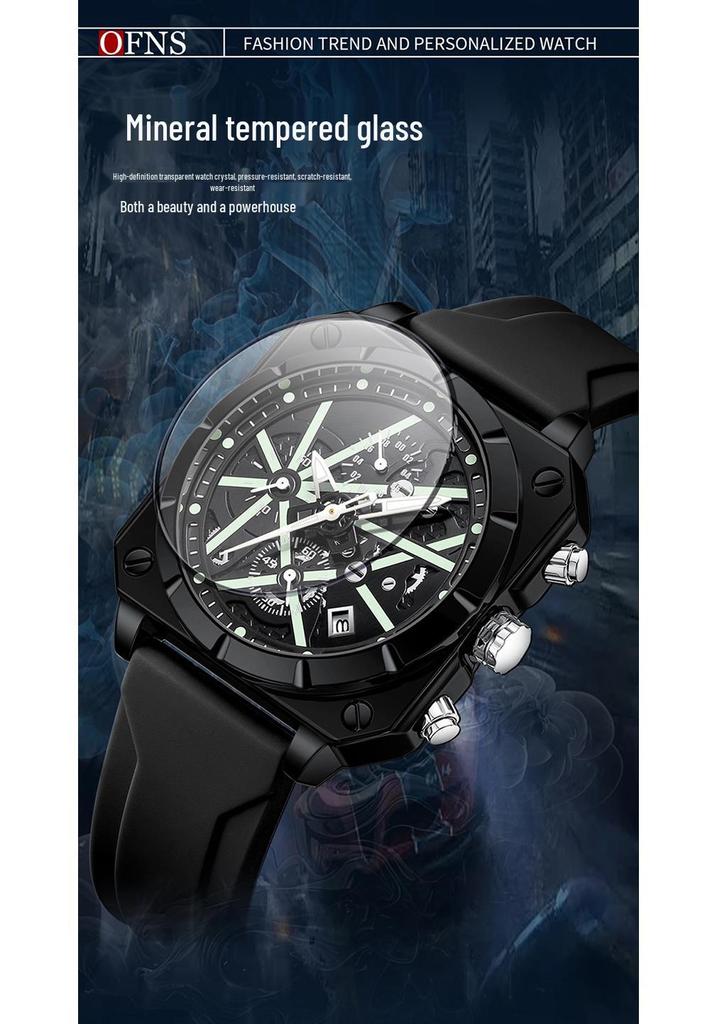 OFNS Men's Six-Needle Chronograph Quartz Watch with Luminous Bar Markers, Square Face, Waterproof, and Calendar.