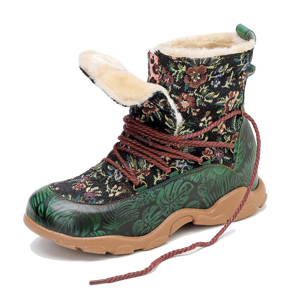 Johnature Botas curtas de inverno femininas quentes e confortáveis, feitas à mão, em couro legítimo, estampado, emendado, pelúcia, retrô