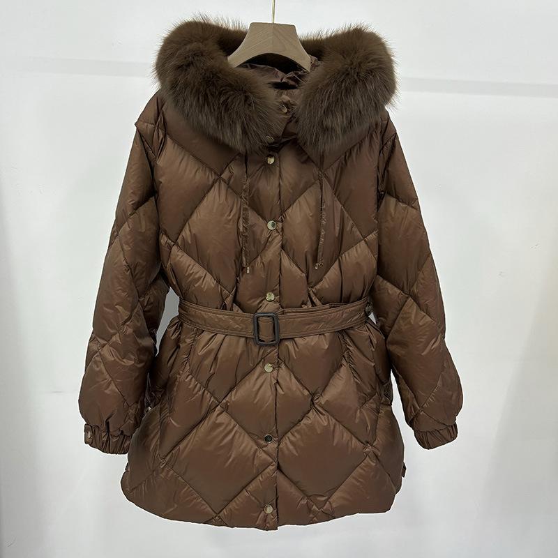 Autumn and winter new big fur collar down jacket women's medium and long rhombus grid waist thin white duck down jacket tide