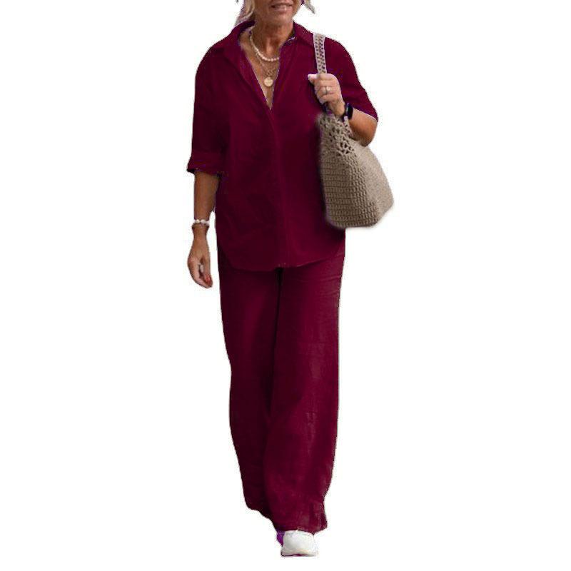 European and American Cross-border Women's Clothing Two-piece Set Women's 2026 Lapel Collar Long-sleeved Shirt Spring and Autumn Casual Solid Color