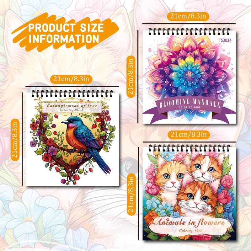 3pcs Coloring Books - Bird, Cat, Mandala Patterns, Thickened 30 Pages, Spiral Bound, Perfect for Stress Relief, Gift Ideas