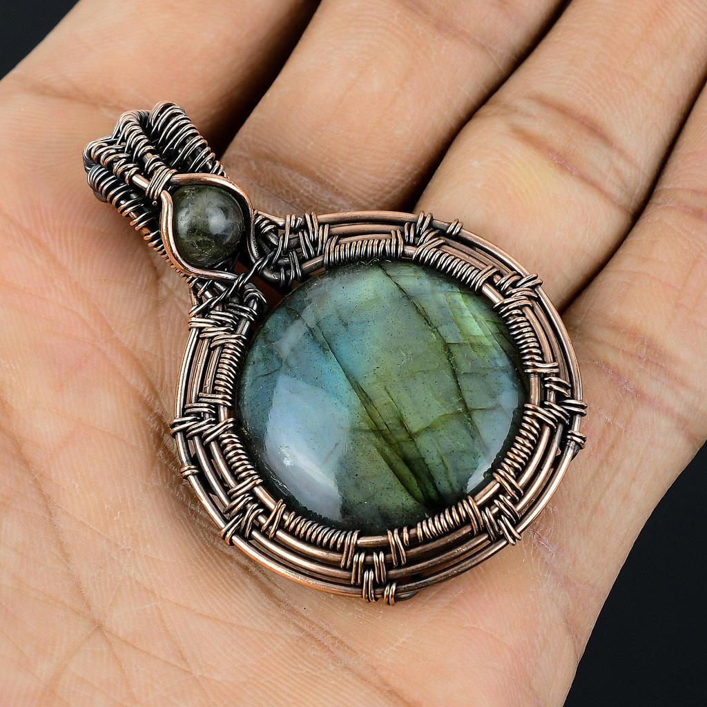Labradorite Pendant, Handmade Gemstone 999 Copper Wire Wrapped Pendant Antique Jewelry, For Gift Silver Jewelry