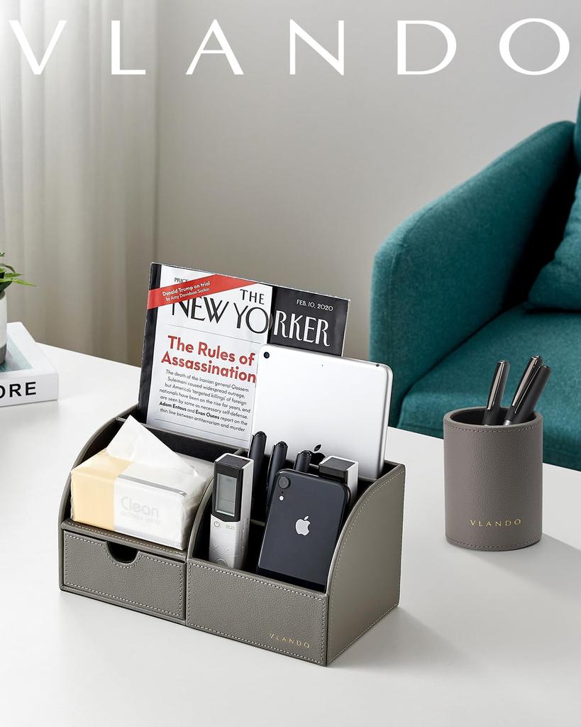 Vlando Desktop Storage Box with Pen Holder and Small Item Storage Rack (Gray)