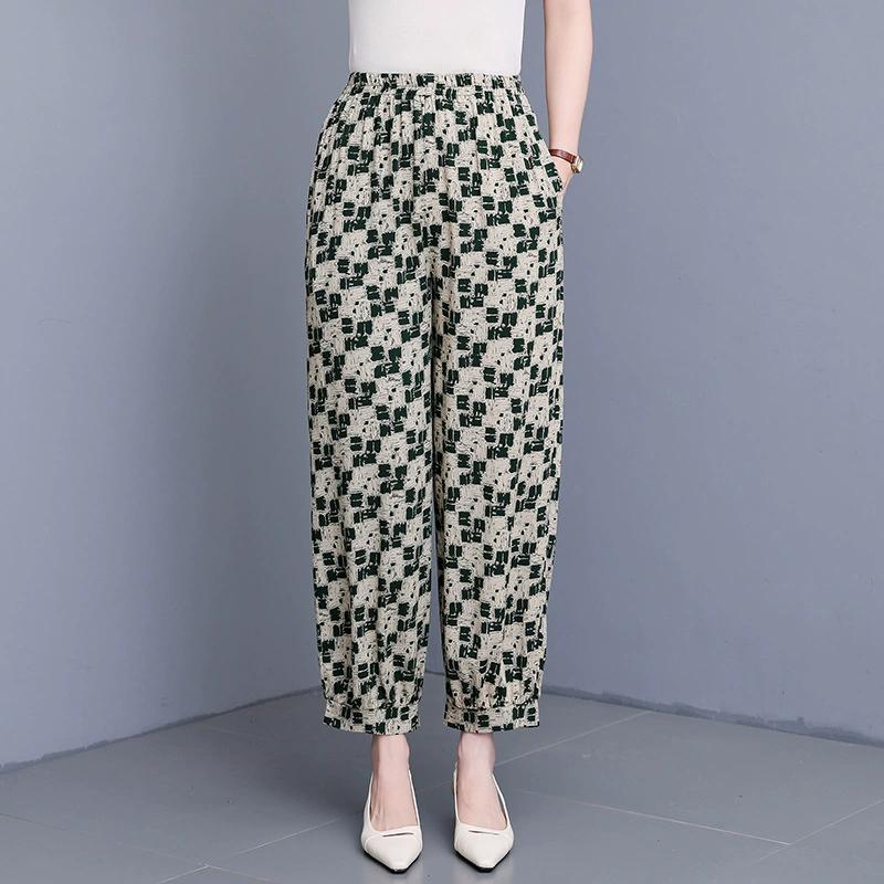 Woman Summer High Waist Pants Plus Size Elastic Waist Floral Lantern Pants