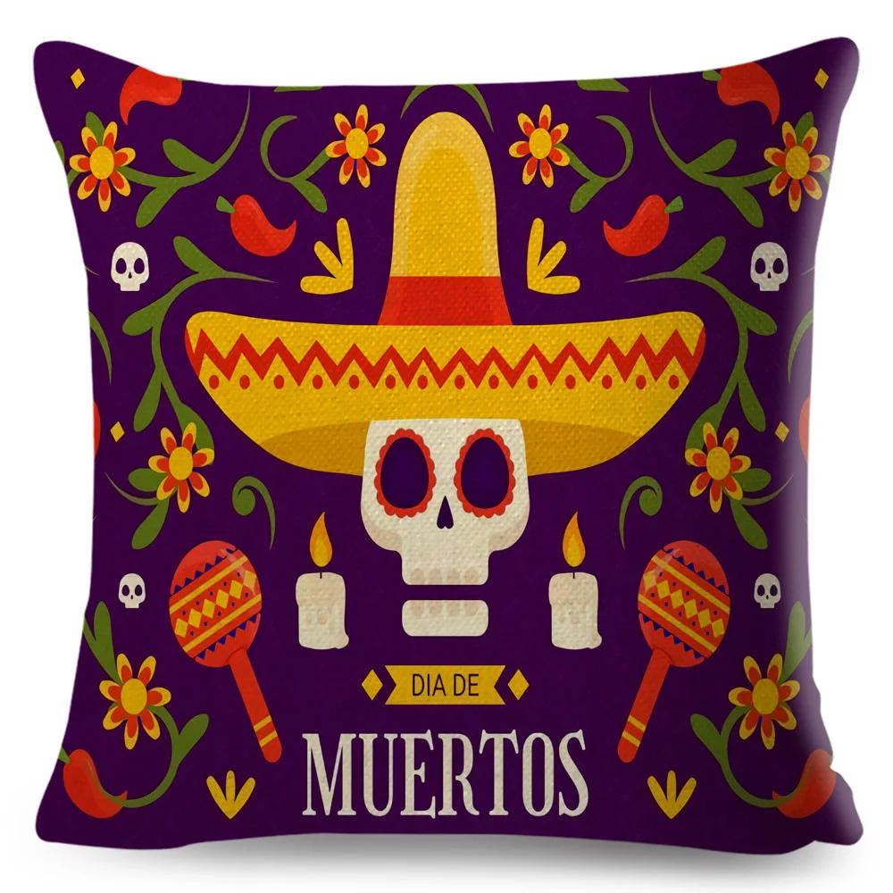 Day Of The Dead Pillowcase Decor Cartoon Mexico Flower Skull Print Cushion Cover for Sofa Home Polyester Pillow Case 45x45cm