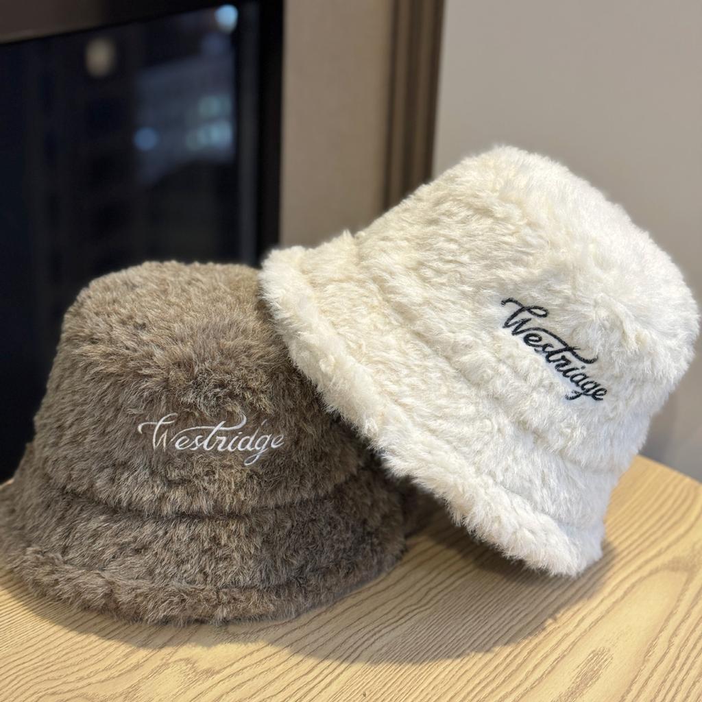Korean Version English Embroidered Plush Fisherman Hat for Women Winter Warm Windproof Ear Protection Thickened Basin Hat Showing Face and Trend