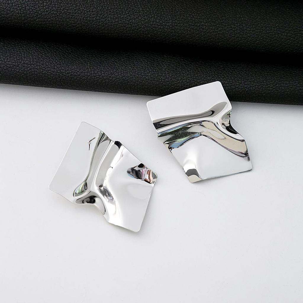 Silver Needle Geometric Textured Square Stud Earrings with Concave-Convex Design