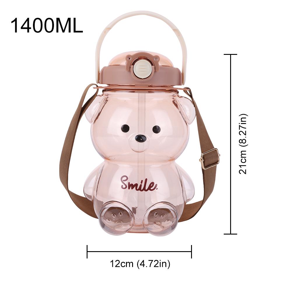 1000/1400ml Bear Water Bottle with Shoulder Strap Cute Bear Drinking Bottle Leak-Proof Travel Straw Cup for Boys Girls Daily Use