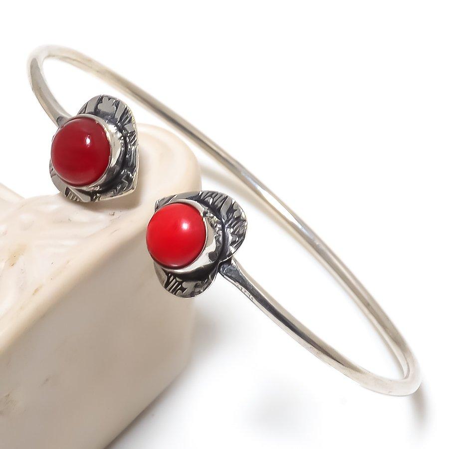 

Natural Italian Red Coral Gemstone Handmade Cuff Bracelet Adjustable K2W40