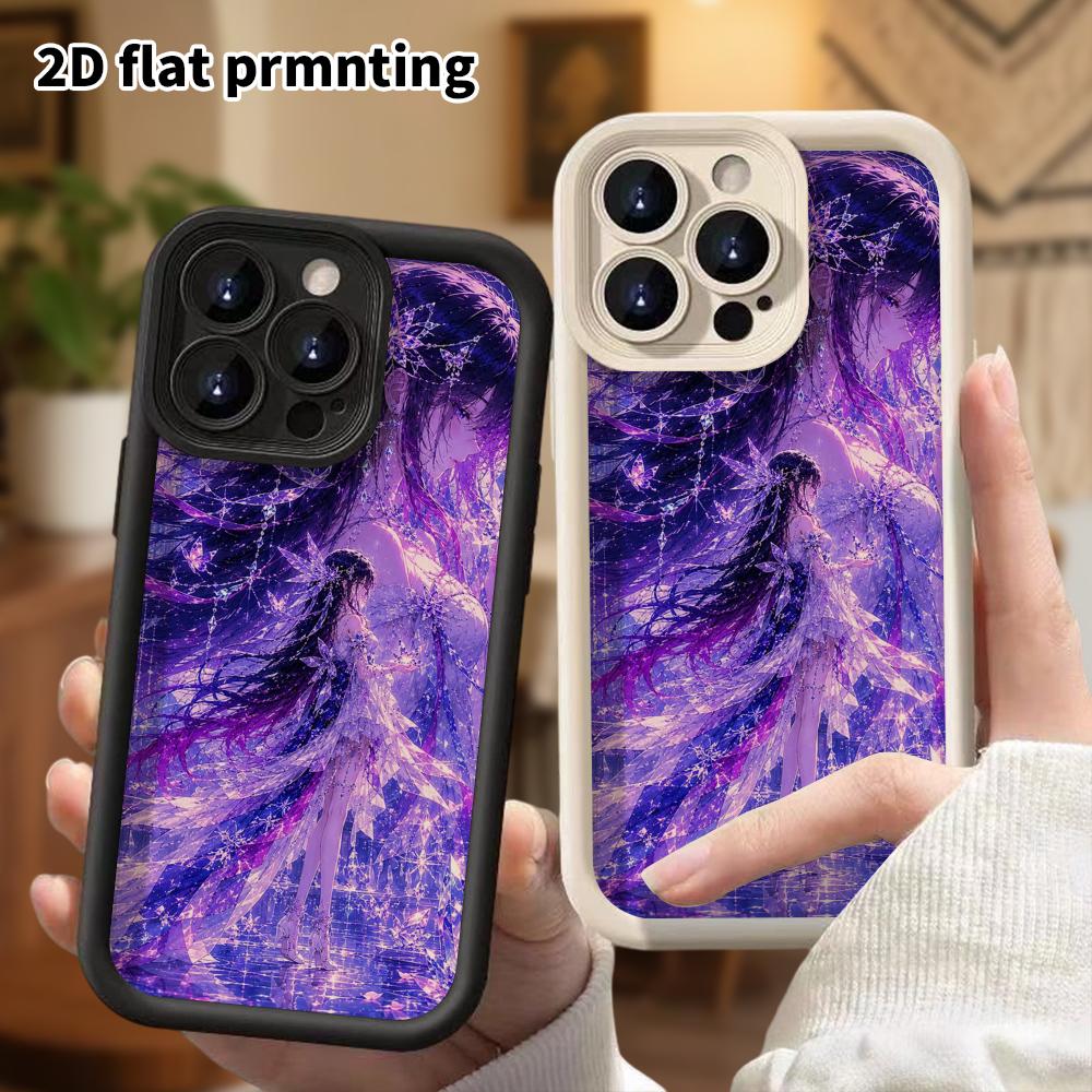 Phone Case: 2D Flat Design Suitable for iPhone 18 17 16 15 14 13 Pro Stepped Protective Case, Fantasy Girl Dark Night Purple Moon, Christmas and Hallo