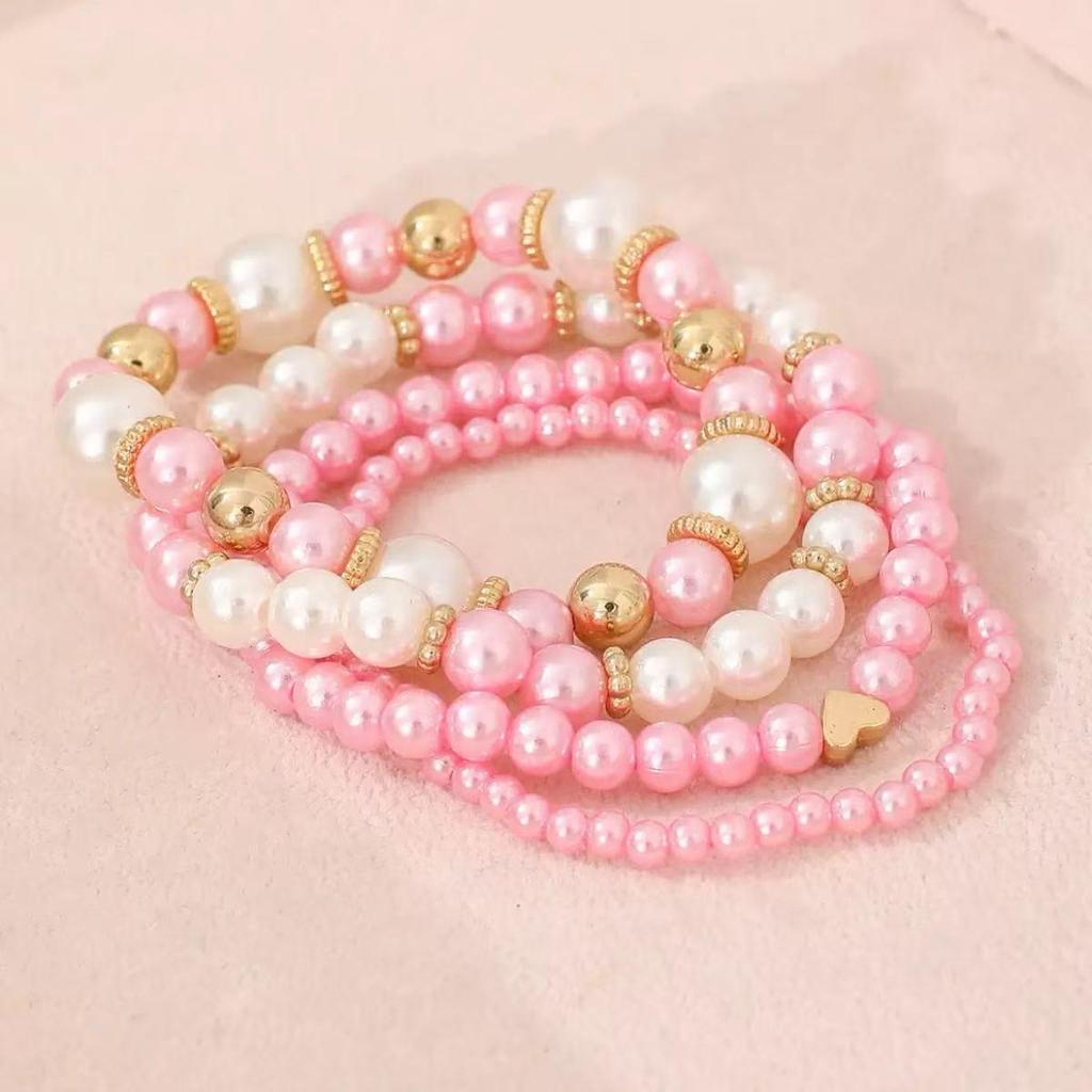 Set di 4 Braccialetti con Perle a Forma di Cuore e Perline per Donna