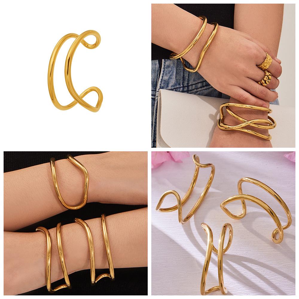Korean Double Circle Arc Open Bracelet: Niche 18K Gold-Plated Stainless Steel Design