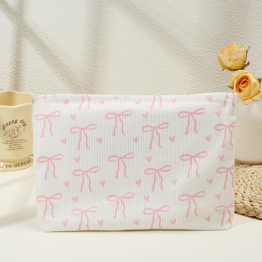Bowknot Cherry Pattern Cosmetic Bag Corduroy Zipper Makeup Organizer Lightweight Travel Sweet Cosmetic Storage Bag For Women