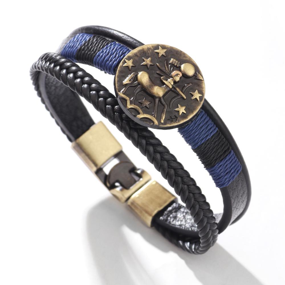 JMXD 12 Zodiac Punk Style Studded Leather Bracelet Hand-Woven Rope Zodiac Band Fashion Accessory Unisex Gift