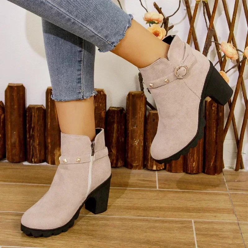 Women's Retro High Heel Ankle Boots Square Heel Woman High Leather Boots Female Round Toe Rivet Platform Short Bootines