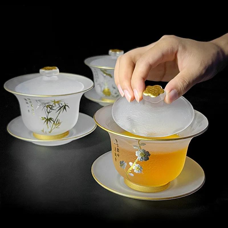 120ml Tea Cups Heat Resistant Glazed Gold Edge Cover Bowl Scholar's Tea Bowl Teacup Sanded Sancai Bowl Kung Fu Justice Cup