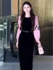 Elegant Black Velvet Patchwork Long Dress - Waist-Cinching, Autumn/Winter 2025 Style