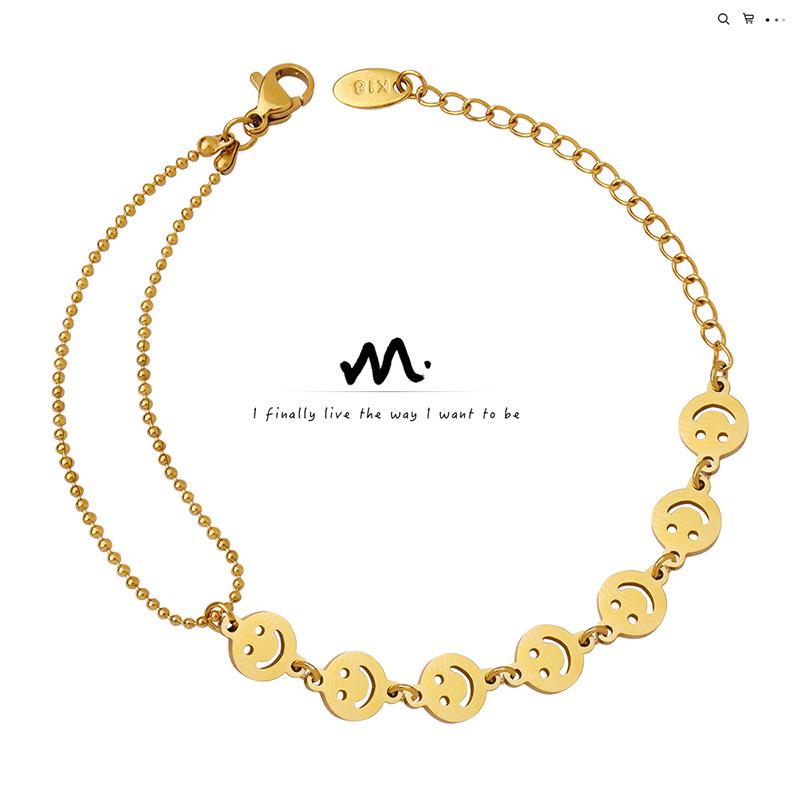 European & American Double Chain Smiley Face Bracelet - Women's Christmas Jewelry, Handmade Titanium Steel, E190