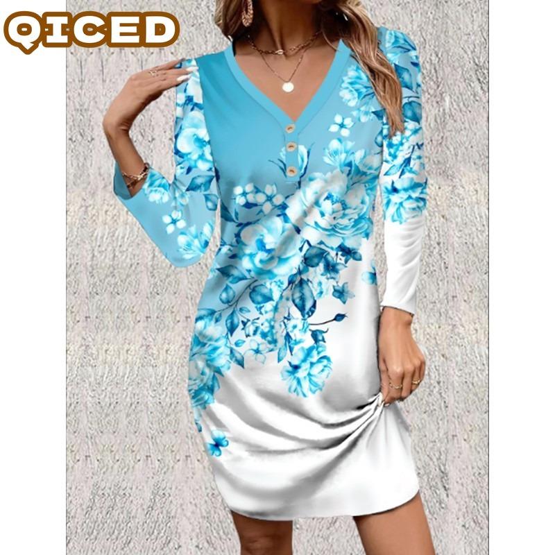 QICED Fashion Autumn Winter Long Sleeve V-Neck Casual Dresses