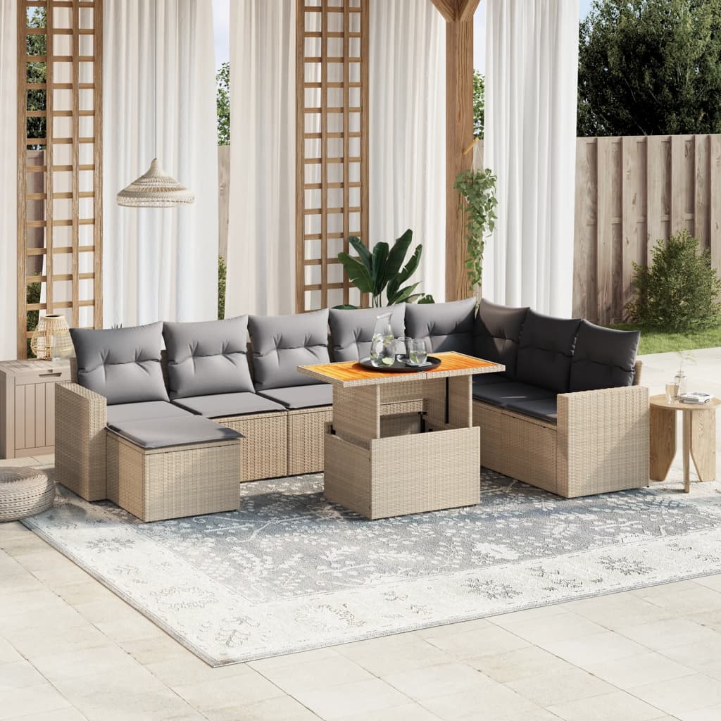 9 piece Garden Sofa Set with Cushions Beige Poly Rattan