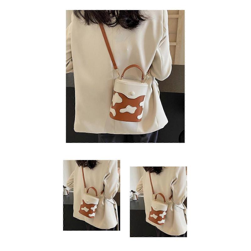 Womens Korean Style Crossbody Shoulder Handbag Fashion Contrast Color Cow PU Leather Bucket Bag for Shopping and Work  Pink