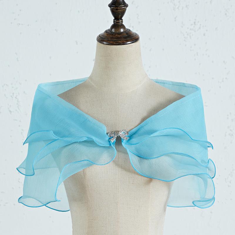 Ruffle Organza Shrug Bolero With Rhinestone Bow Clip Multi Color Sheer Tulle Cape Wrap For Off Shoulder Evening Prom Wedding Dress