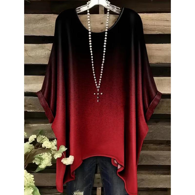 Vintage Women's T-Shirt Color Gradient Print Elegant Asymmetrical Hem O-Neck Short Sleeve Top Casual Fashion Street Outdoor Tops