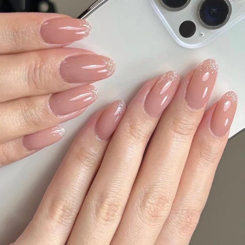 Short Round Glitter Nude French Press-on Nails - Sparkling Manicure Tips, Wearable False Nails