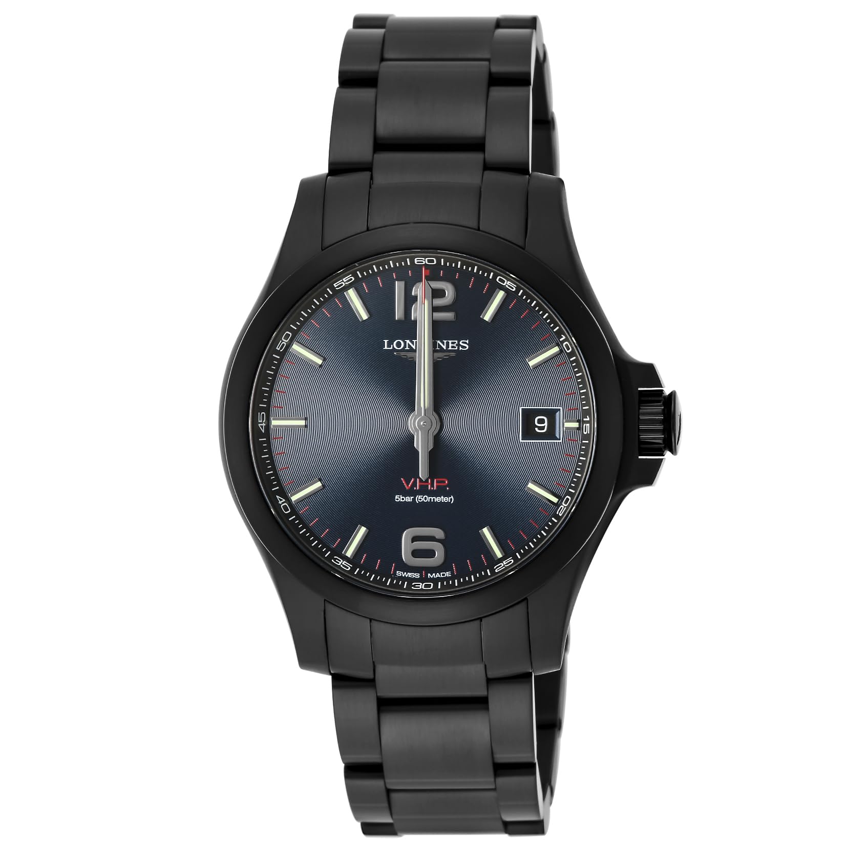 

Longines CONQUEST Quartz 5 ATM Water Sapphire Blue Stainless Black Men s V.H.P. Watch, Resistant, Crystal, Dial, Steel, L3.716.2.96.6, [Used] синій