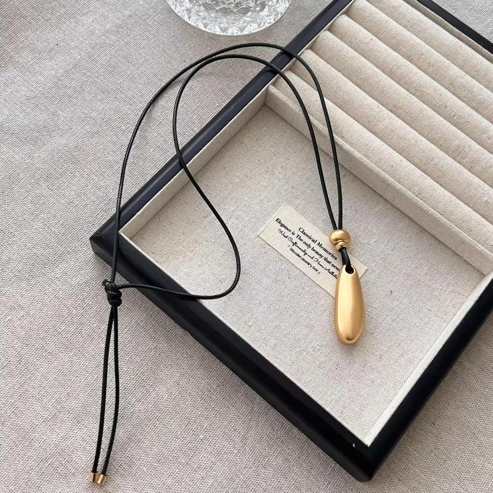 Simple Metal Pendant Geometric Adjustable Sweater Chain Water Drop Shaped Black Rope Long Rope Chain Clothing Accessory