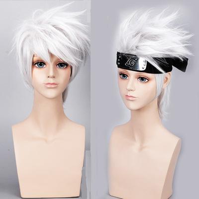 Anime Hatake Kakashi krótki warstwowy srebrnoszary żaroodporne włosy syntetyczne przebranie na karnawał peruka + opaska + czapka z peruką