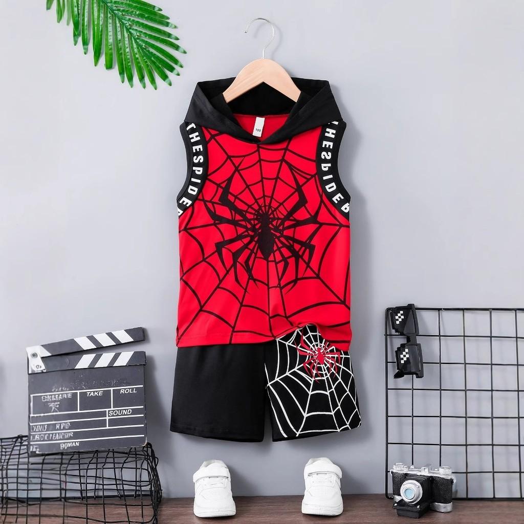 Spiderman Kids Short Sleeve Twopiece Set With Hoodie Cotton Summer Outfit For Children