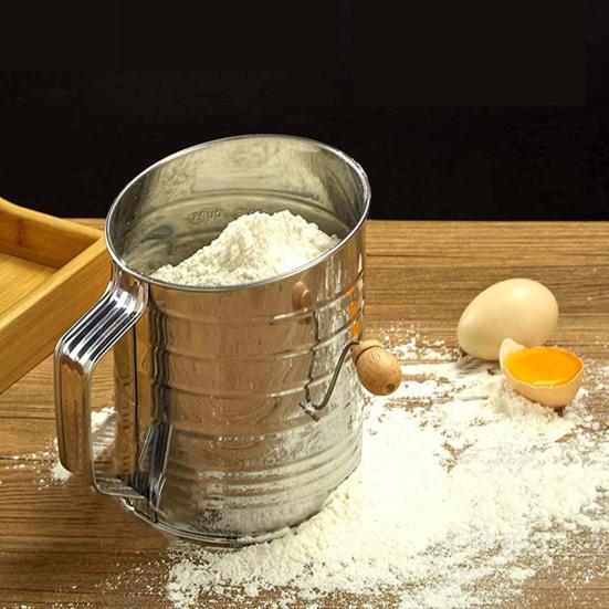 Flour Sifter Semi-automatic Handheld Hand-crank Sieve Stainless Steel Graduated Inclined Mouth Flour Sieve Kitchen Gadget