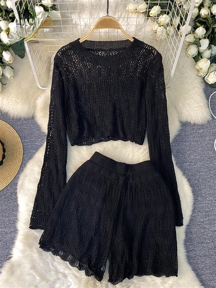 American Senior Simple Style Two Pieces Sets O Neck Hollow Top Elastic Waist Fit Chic Slim Shorts Women Solid Knitted Casual Suits