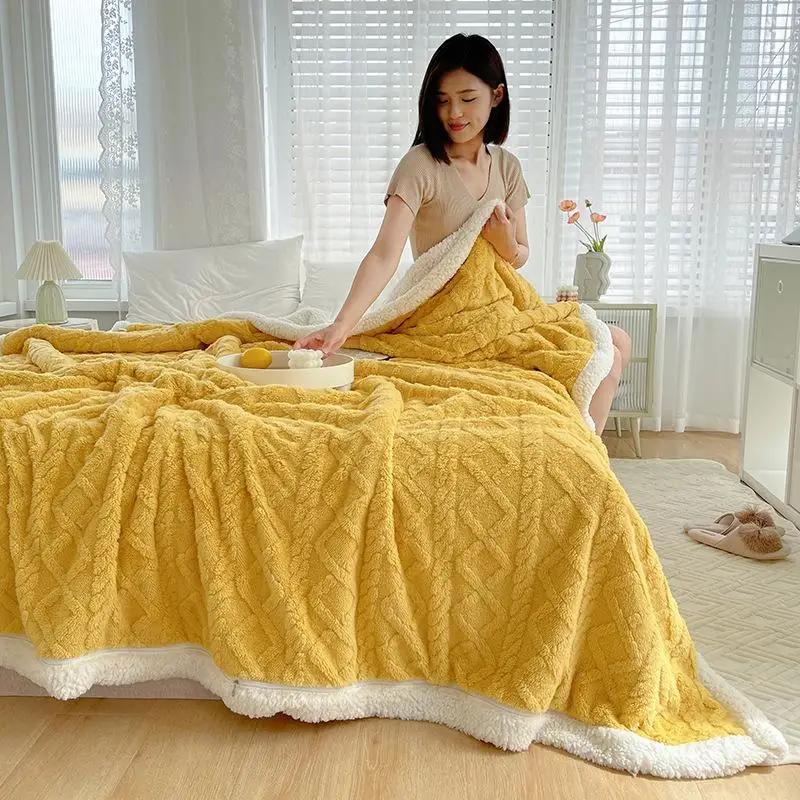 Lamb Wool Thick Winter Blanket Double Side Microfiber Flannel Throw Blanket for Bed Comfortable Super Soft Warm Comforter Double