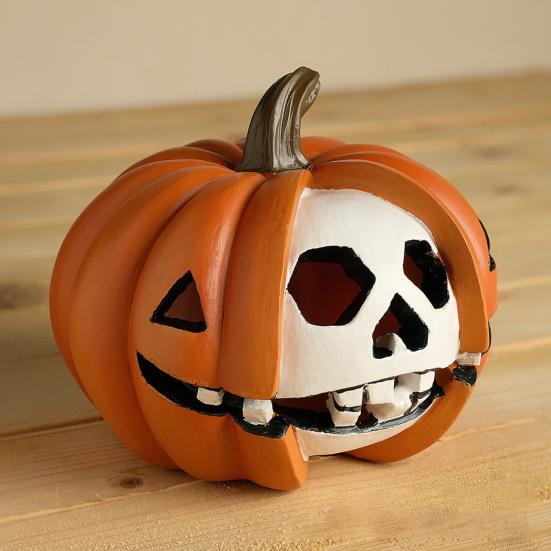 Halloween Pumpkin Statue Spooky Skull Pumpkin Sculpture Resin Tabletop Ornament for Dining Table Living Room Office Shelf Decor