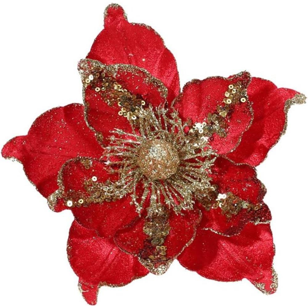 1 Pcs Poinsettia Artificial Flowers Christmas Tree Ornaments Velvet Glitter Magnolia Flowers for Xmas New Year Party Wedding Holiday DIY Decorations,