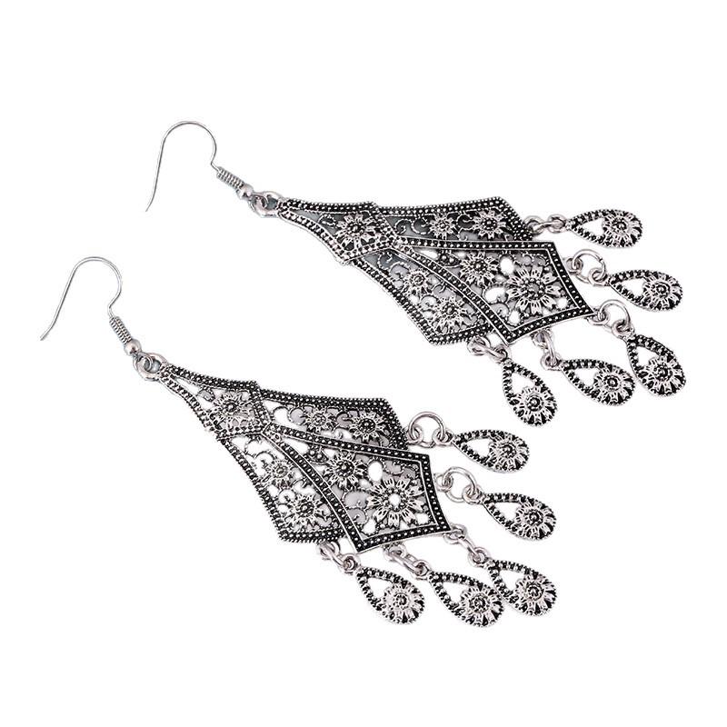 European Retro Ethnic Floral Tassel Earrings with Engraved Water Drop Design