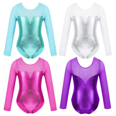 Meisjes Turnpakje Gymnastiek Outfit voor Kinderen Lange Mouw Mesh Strass Glanzend Metallic Dans Ballerina Kostuum