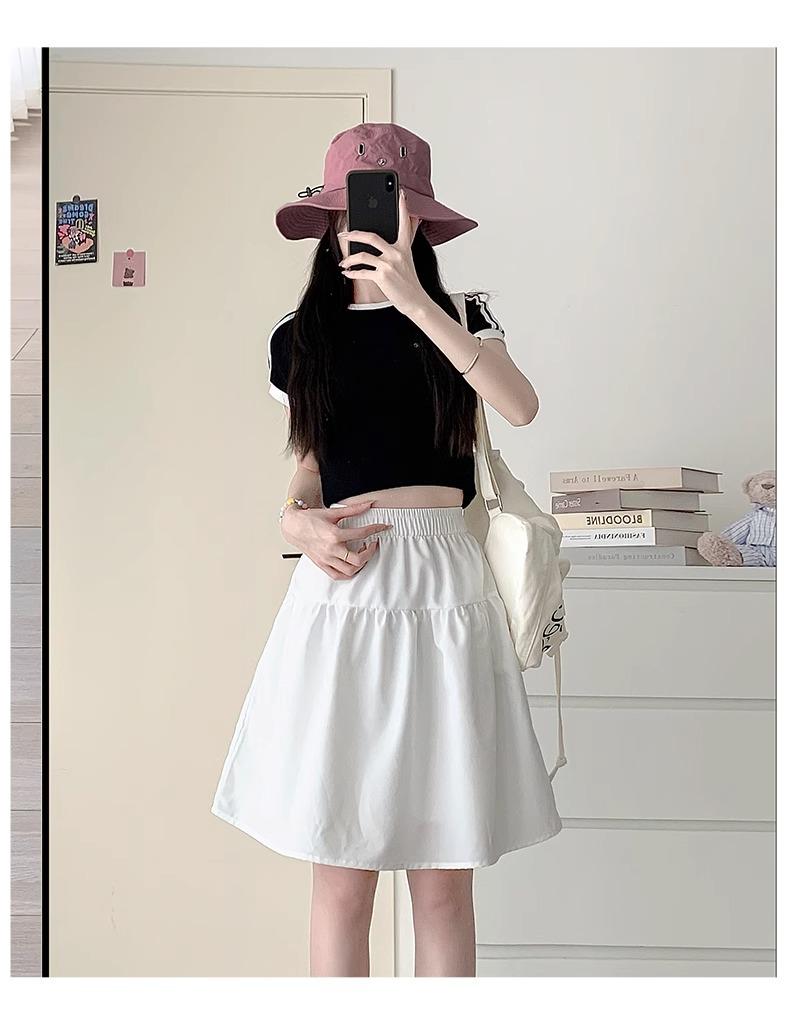 Jupe Midi Trapèze Style Preppy Bleu Marine - Taille Haute Rétro pour Printemps/Été 2025