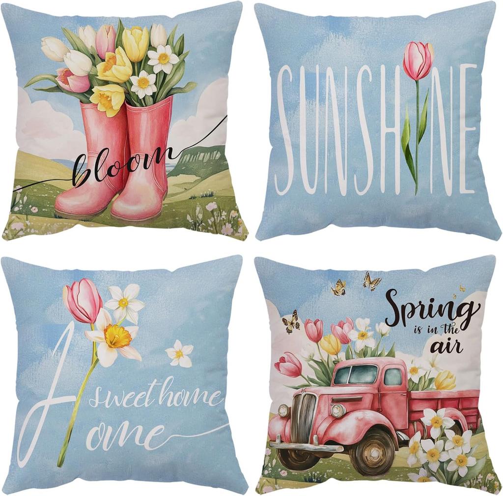 Spring Summer Pillow Covers Set Of 4 Floral Throw Pillow Covers Hello Sunshine Flower Cushion Covers Square Soft Pillow Cases