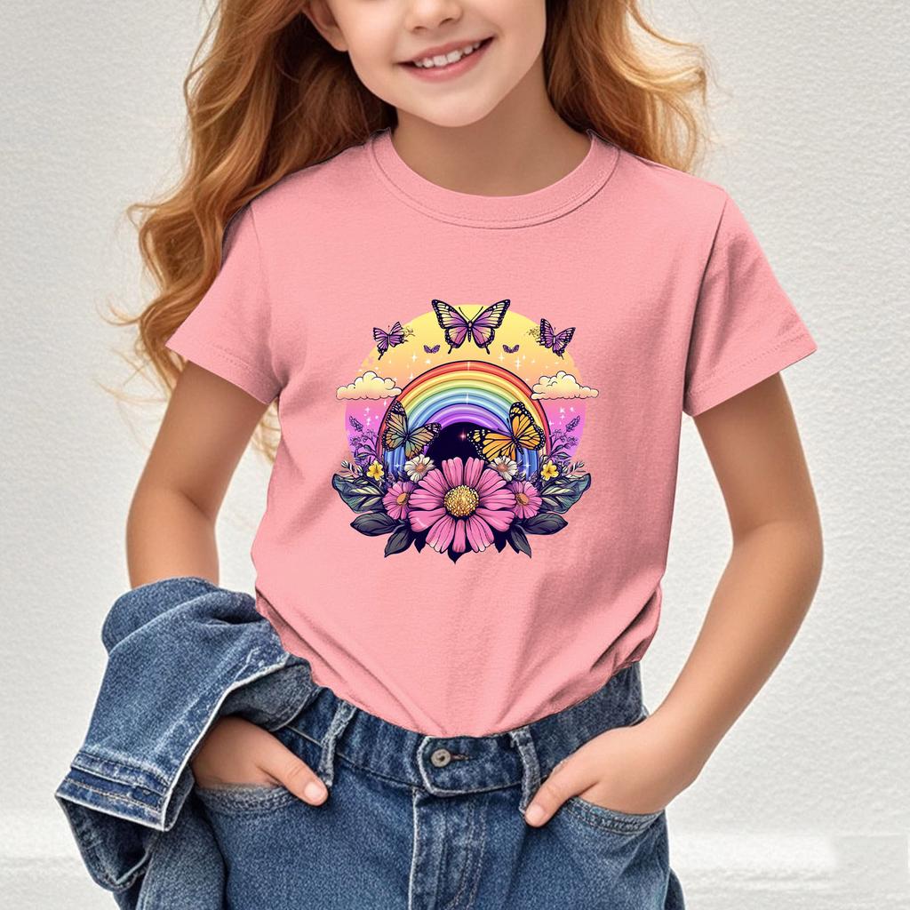Girls New Cartoon Printed Shortsleeved Tshirt Summer Shortsleeved Tshirt Childrens Round Neck Top  polyester fabric