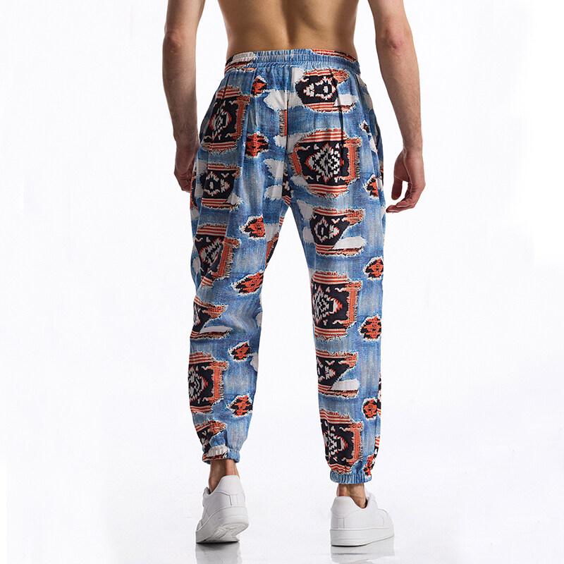 Summer Cotton Linen Men's Casual Drawstring Graphic Print Boho Tribal Vintage Pants Outdoor Activities Trousers Running Jogger