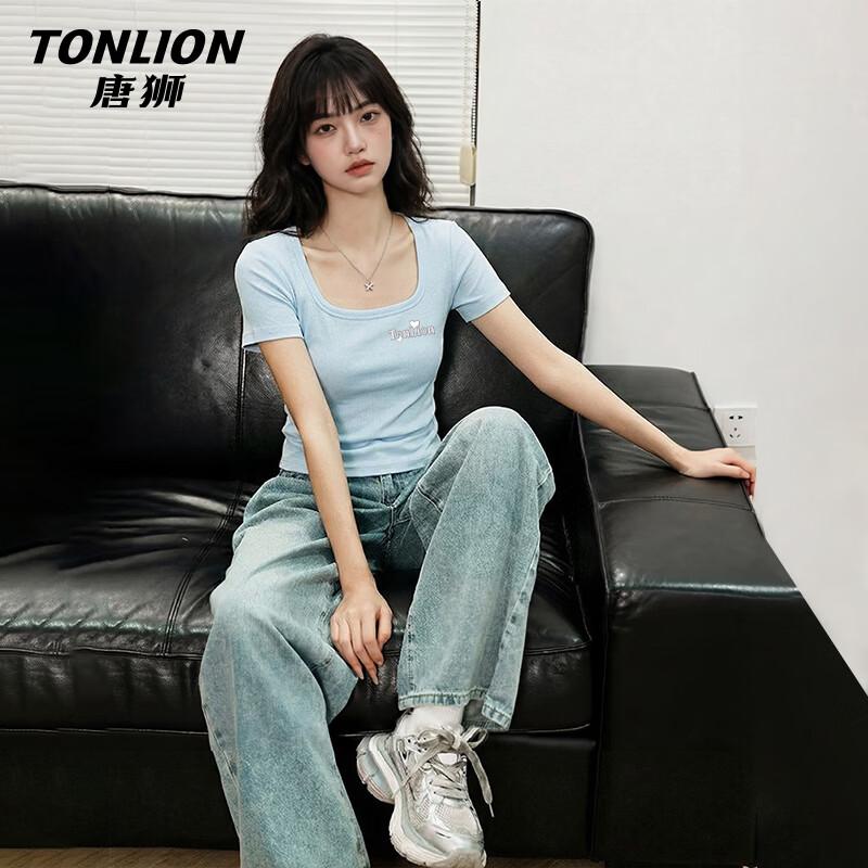 TonLion Women s Slim Fit Cropped U-Neck Short Sleeve T-Shirt S