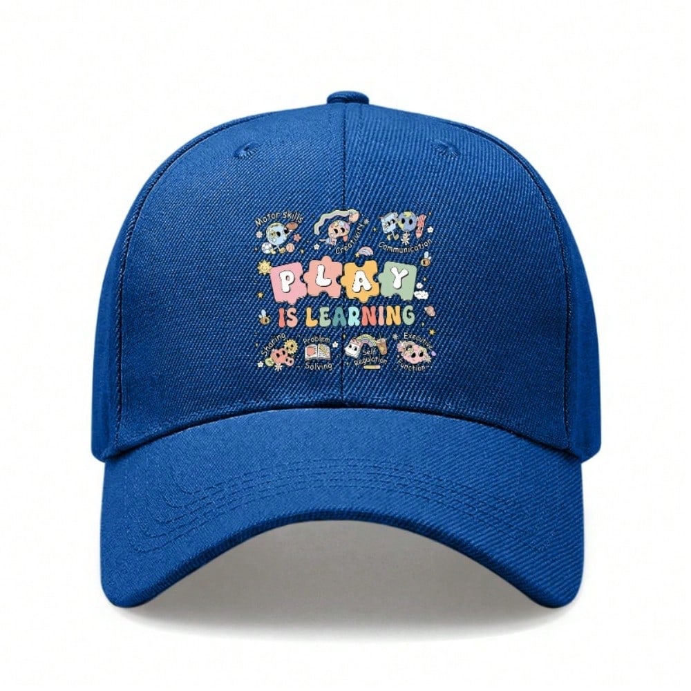 Kids Educational Baseball Cap - "PLAY IS LEARNING" Print Adjustable Breathable Lightweight Unisex Outdoor Sports Hat For School & Everyday Wear -