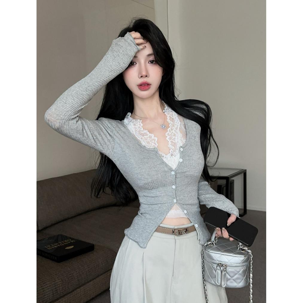Cotton pit strip + lace, French pure desire style Spice Girl V-neck long-sleeved cardigan with lace stacked inside two-piece set