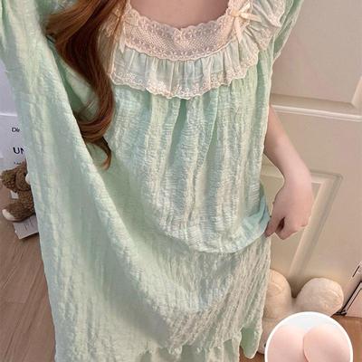 2026 Summer Women's Nightgown: Cloud Cotton, Bra Pads, Short Sleeve, Lace Trim Long Dress