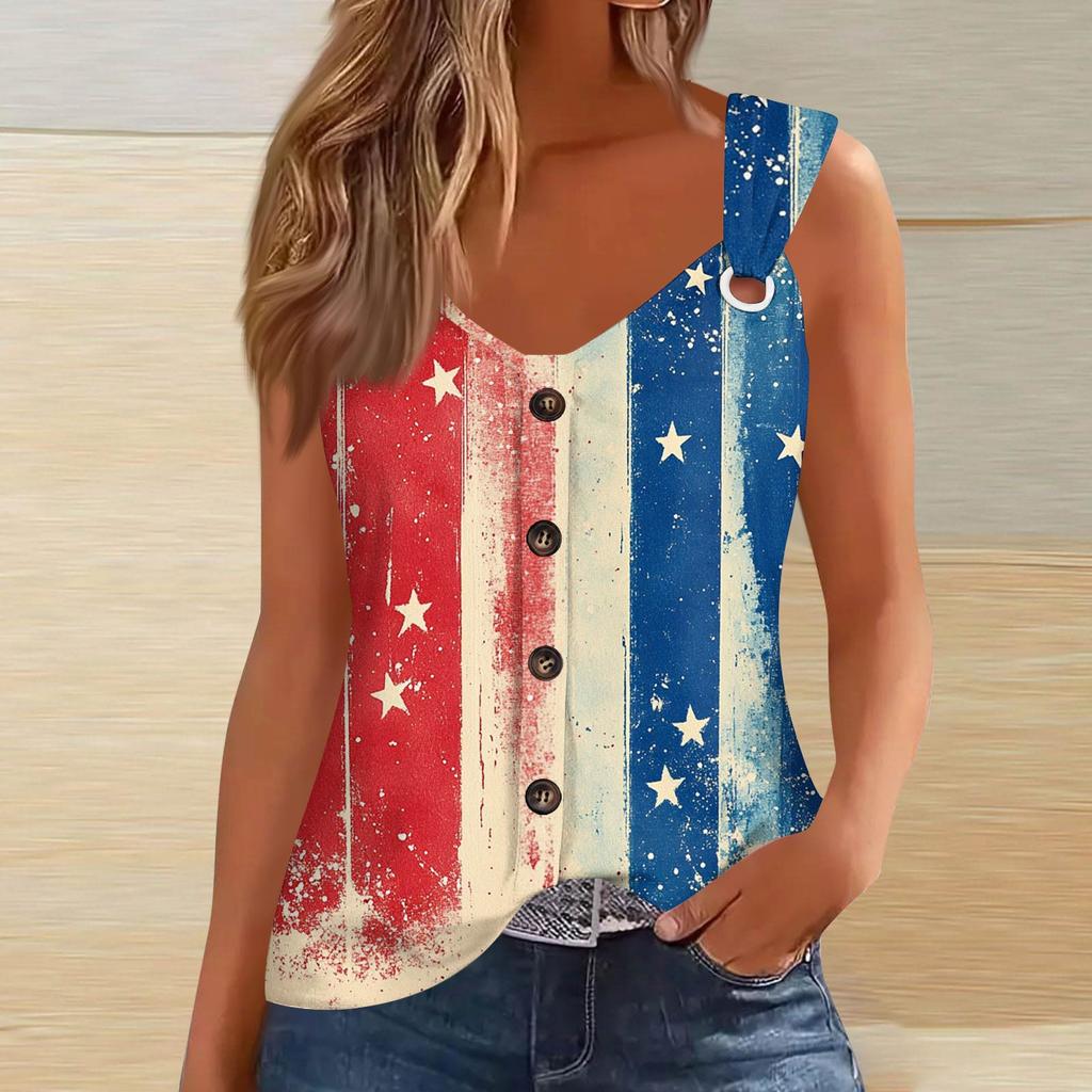 Women's Fashion Casual Loose Sleeveless Buttoned V-Neck Independence Day Printed T-Shirt Top